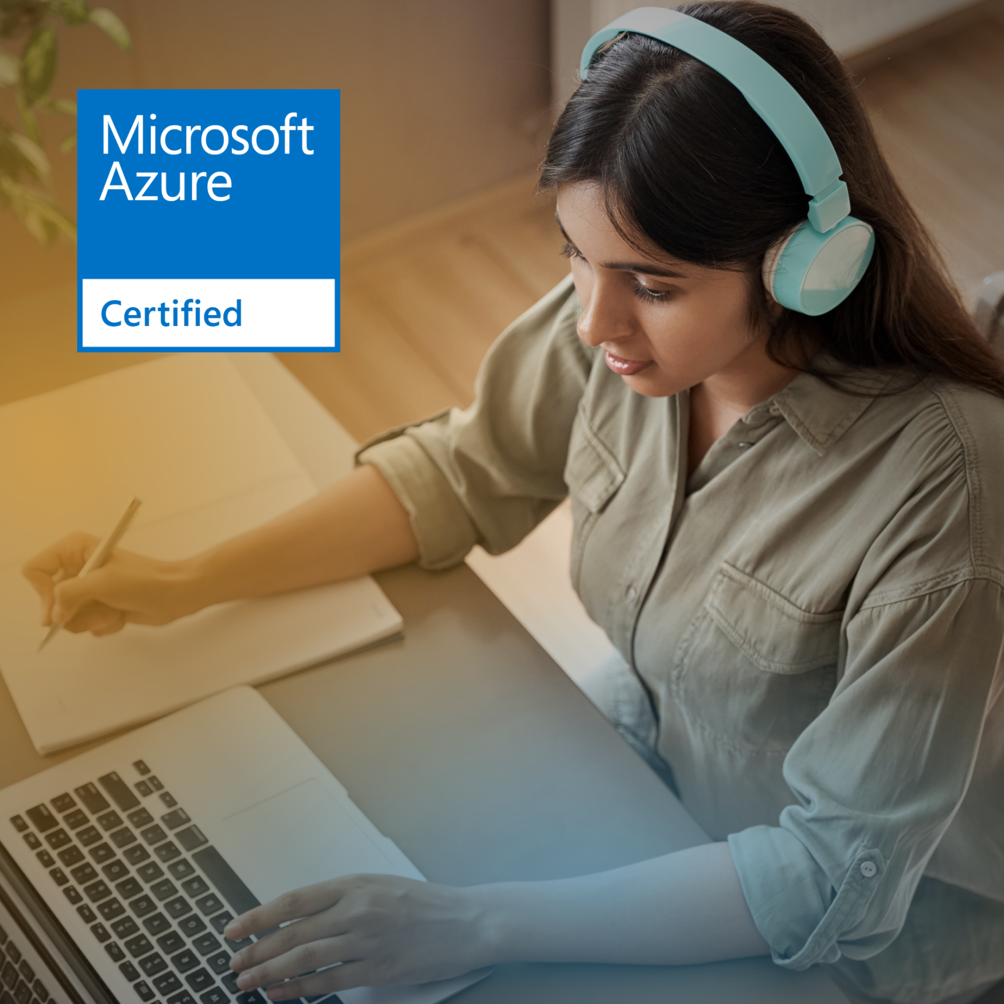 Microsoft Azure certification stamp overlaid on image of person studying on computer.