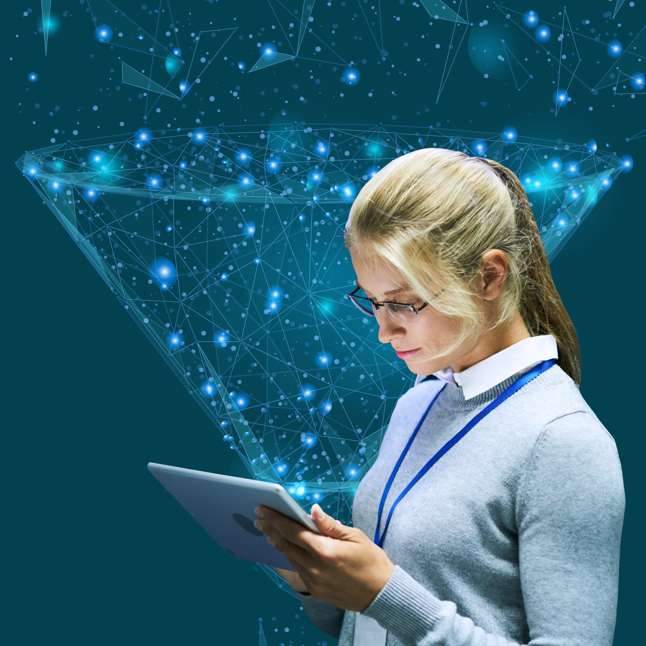 Woman looking at tablet with illustrated numbers that refer to a data science career coming out.
