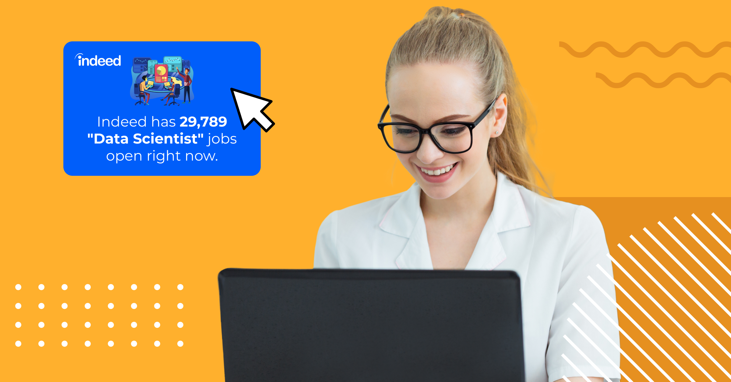 Woman looking at computer set on a yellow background with patters and mouse pointing at Indeed dot com quote about data science.