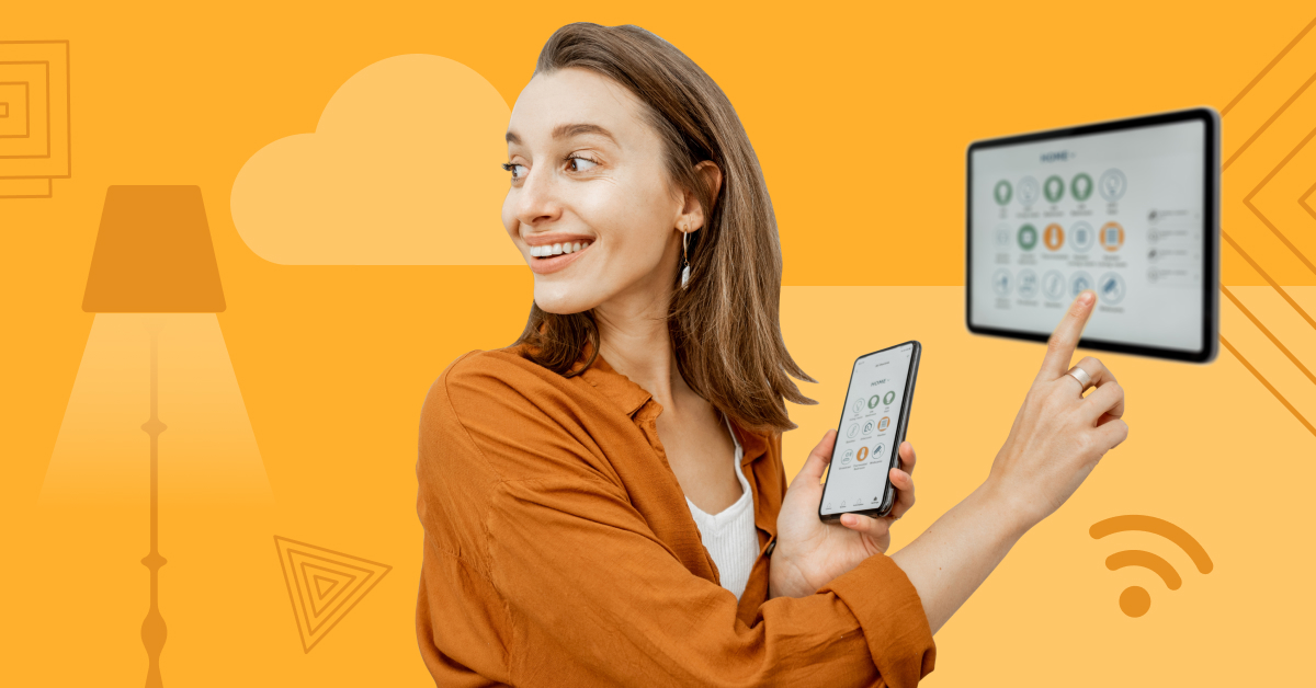 Cover image for '6 Reasons to Start a Career in IT now' blog post. Woman looking at internet connected device on color blocked background