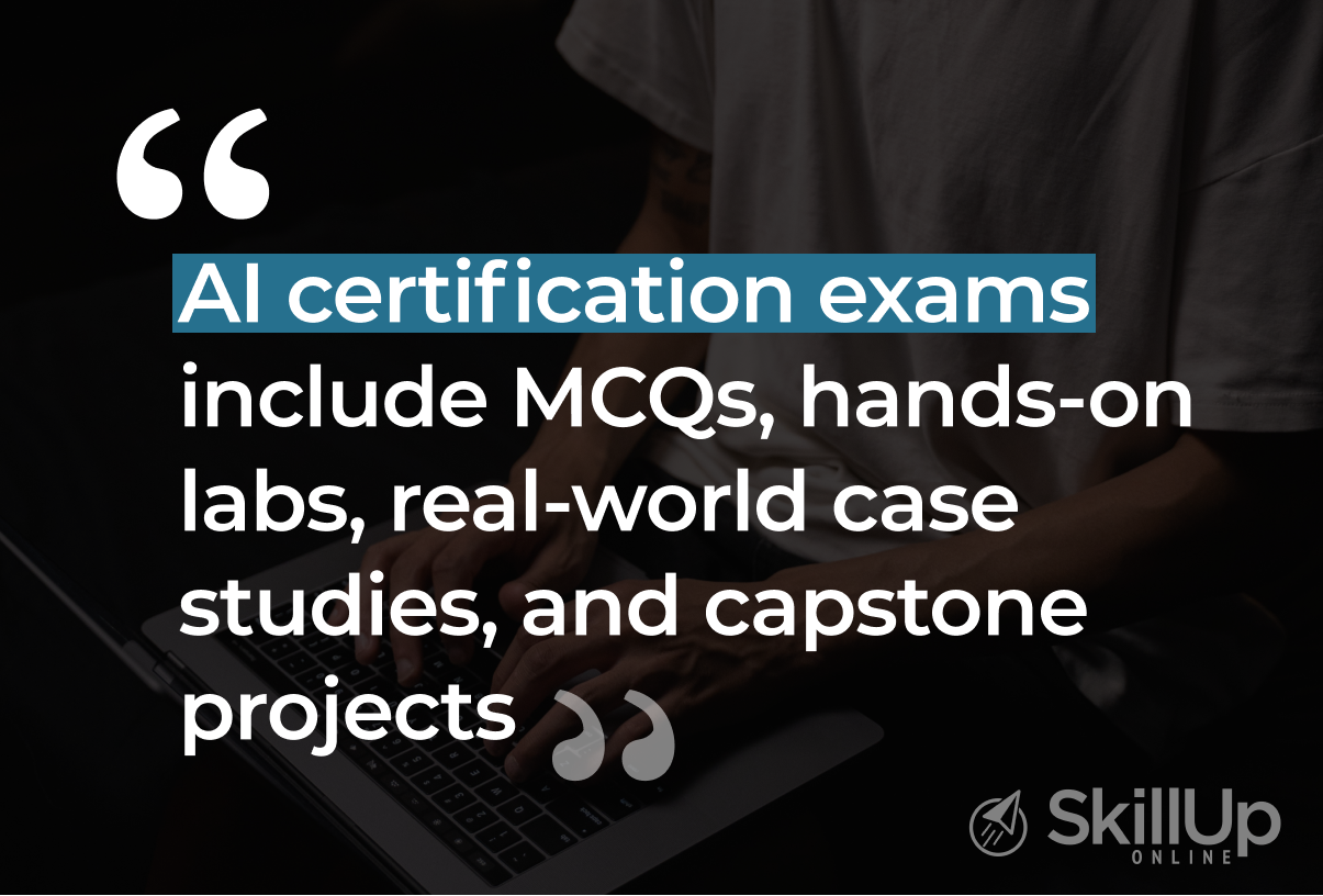 AI certification exams include MCQs, hands-on labs, real-world case studies, and capstone projects.